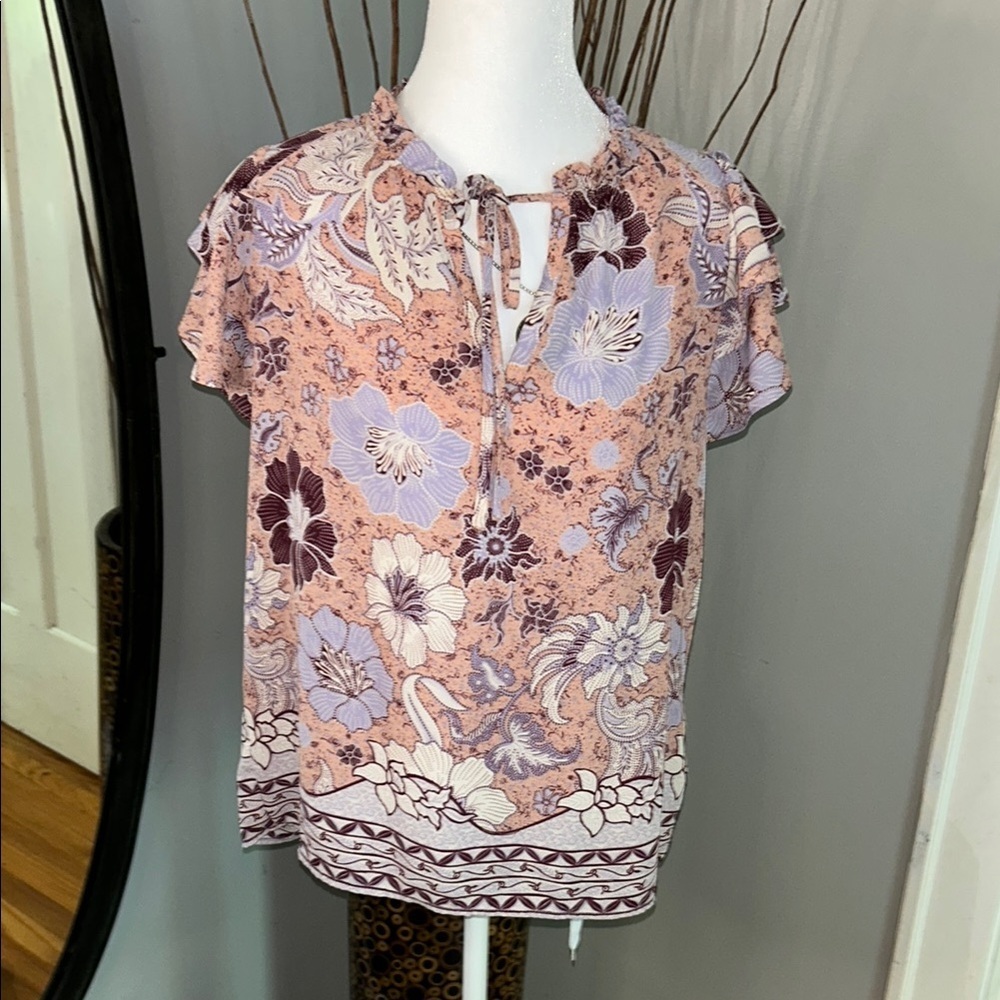 Joie Purple and Blue Tie Front Mandarin Collar Blouse